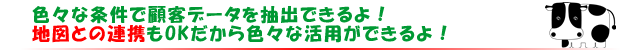色々な条件で顧客データを抽出できるよ！地図との連携もOKだから色々な活用ができるよ！