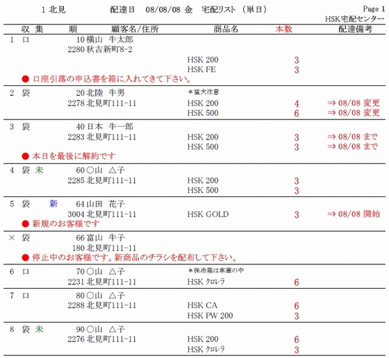 宅配明細の出力イメージ